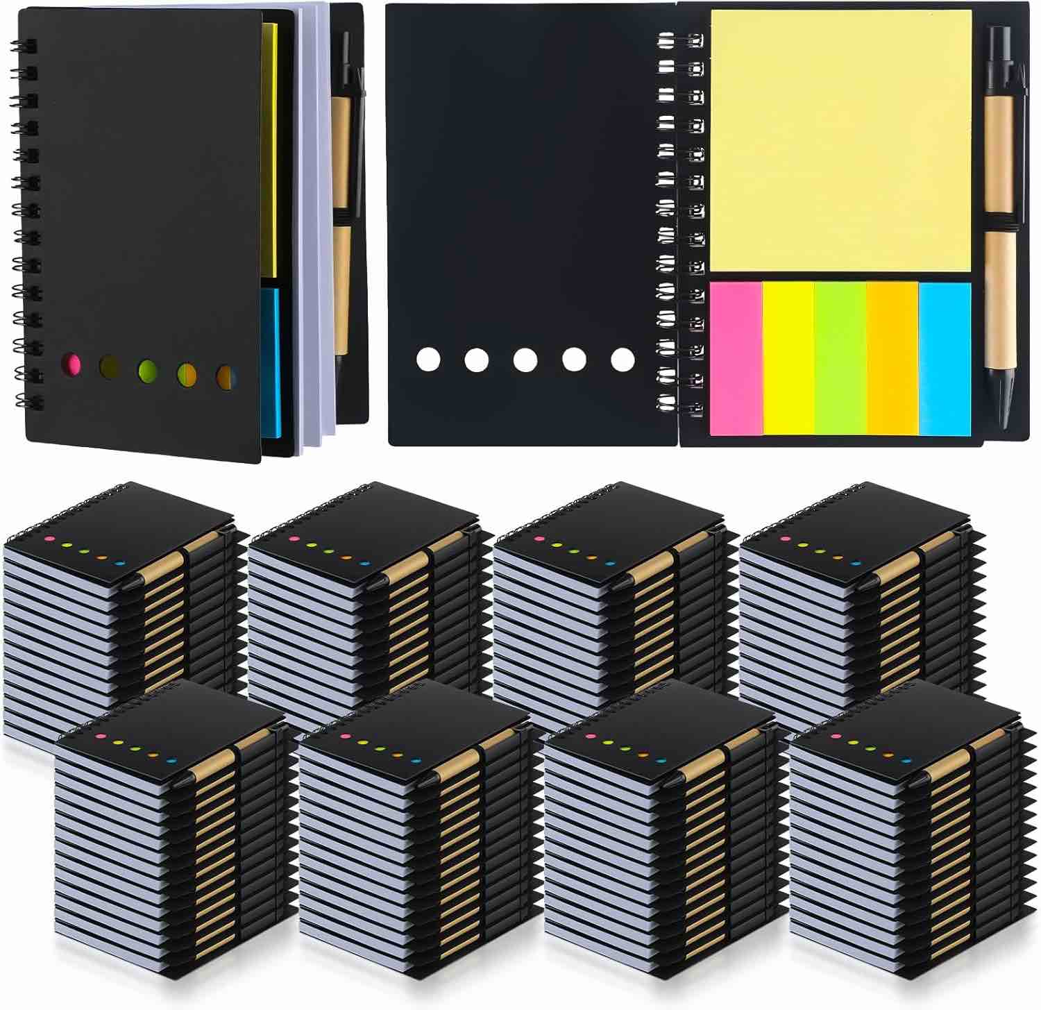 Qilery 100 Pack Lined Spiral Notebook Small Notepad and Pen Set Steno Pads Lined Notepad Black Pocke