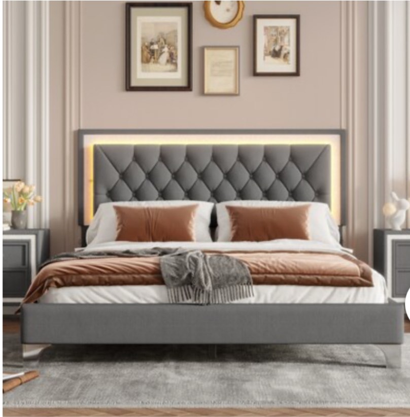 Queen Size Upholstered Bed Frame with LED LightsModern Velvet Platform gray 