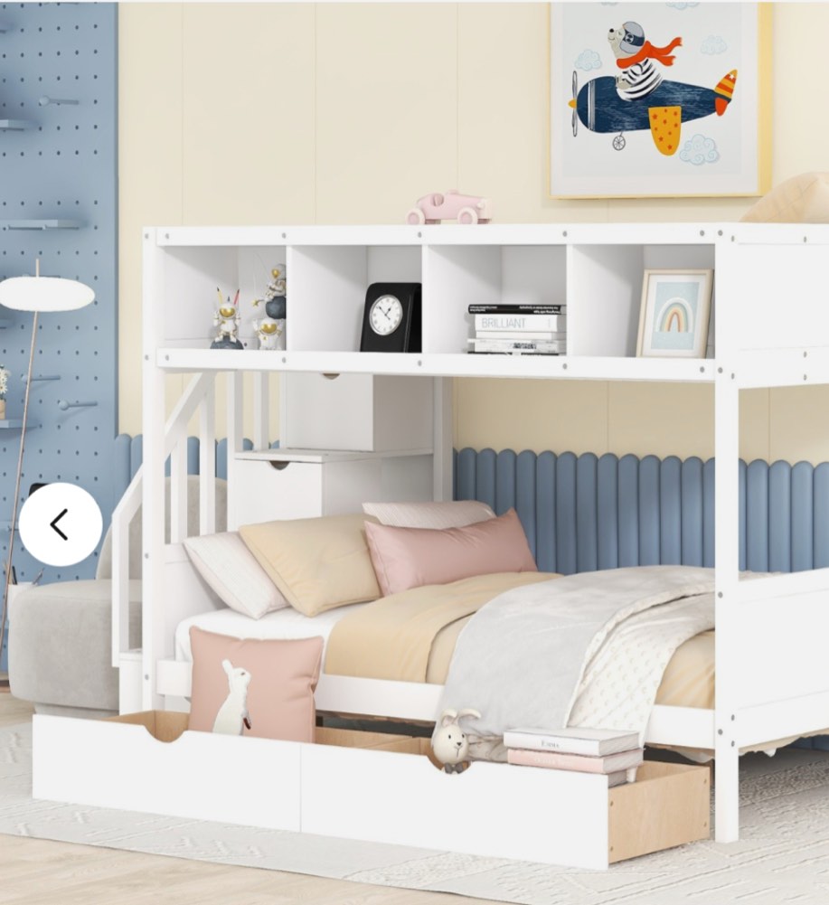 Twin over Full Bunk Bed with Shelfs, Storage Staircase and 2 Drawers, White box 3/3  , 2/3