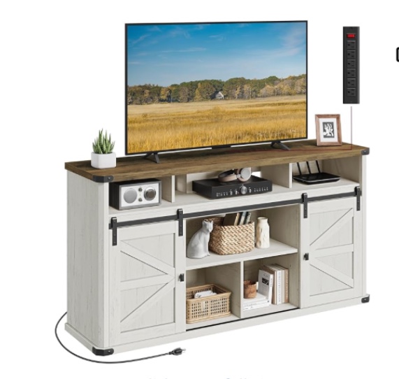 VASAGLE TV Stand for TVs up to 65 Inches, Farmhouse Entertainment Center with Sliding Barn Doors, TV Console Table for Living Room, Rustic White and Honey Brown ULTV322W73 (White )
