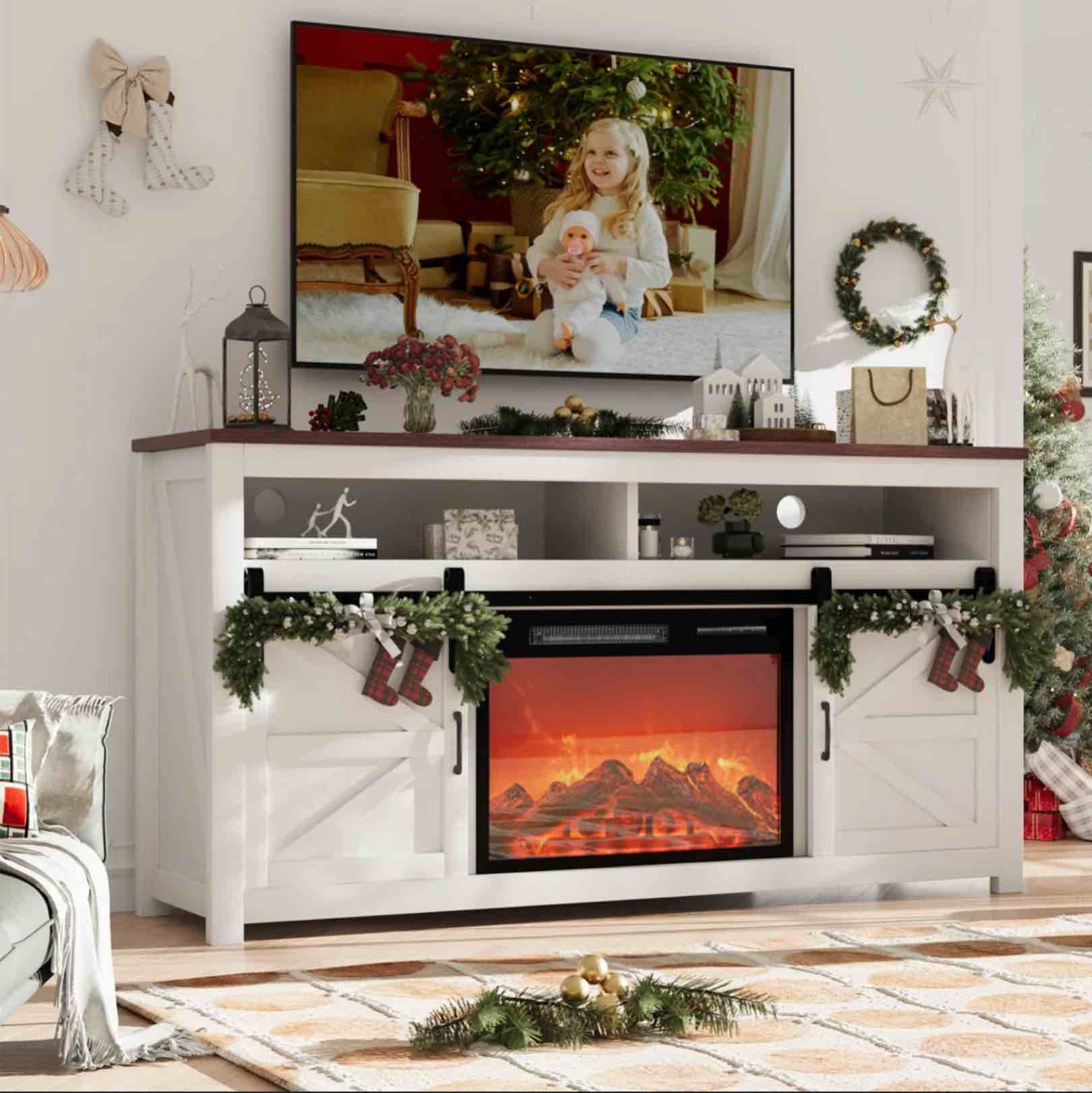 Colley Fireplace TV Stand For Tvs Up To 70", Entertainment Center With 23" Electric Fireplace Includes 12 Color Light Options, TV Stands For Living Room, Bedroom, 58 Inch TV Stand.