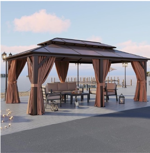 12'x20' Hardtop Gazebo, Aluminum Frame Permanent Pavilion with Curtains and Netting, Outdoor Polycarbonate Double Roof Canopy, Designed for Patio, Garden, Lawns( Box 2/3 )