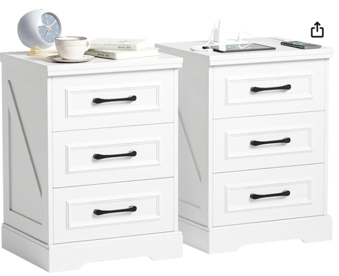 Farmhouse Nightstand with USB & Type-C Charging Ports, White 26" Wood Bedside Table with 3 Drawers, Modern End Table with Power Outlets for Bedroom, Living Room, Home Office