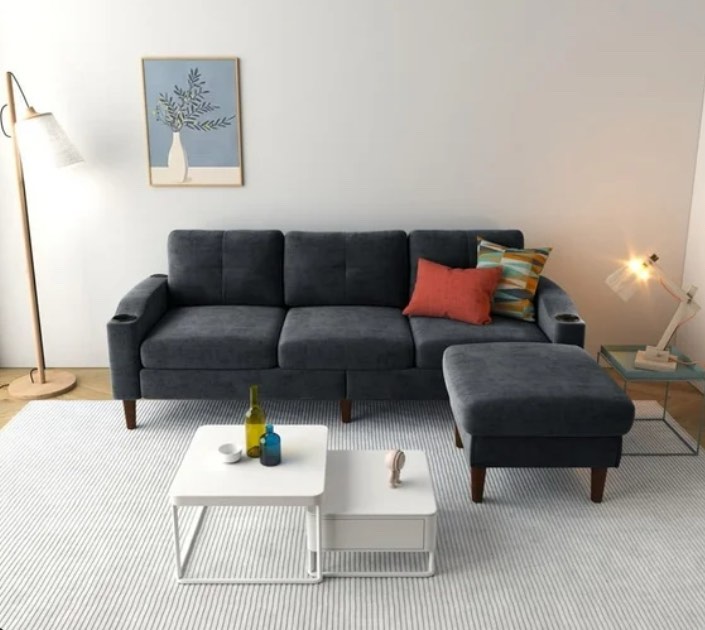 Shaped Sectional Couches for Living Room, Modern Sofa with Removable Storage Ottoman, Cup Holders, USB Ports, Convertible Sectional Sofa, Dark Gray