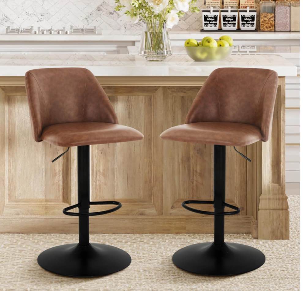 Bar Stools Set of 2, Modern Swivel Bar Chairs, Adjustable PU Leather Upholstered Barstools Counter Height with Full Backrest for Bar, Dining Room