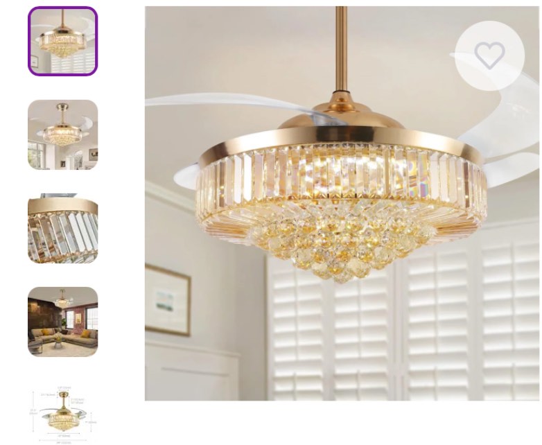 Dimmable Crystal Ceiling Fan with LED Lights and Remote Control Size 20.1 X 20.1 X 10.6 In