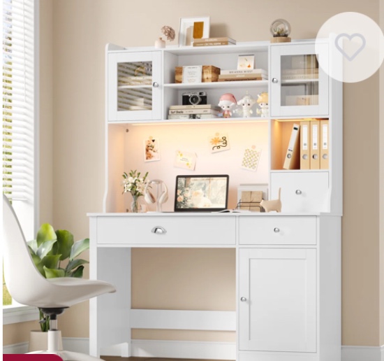 ON SALE 47.2"W Wooden Computer Desk With Hutch And Led Lighting, White