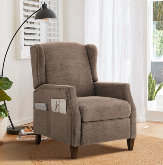 Kars Nail-head Upholstered Push Back Recliner With Storage Pocket