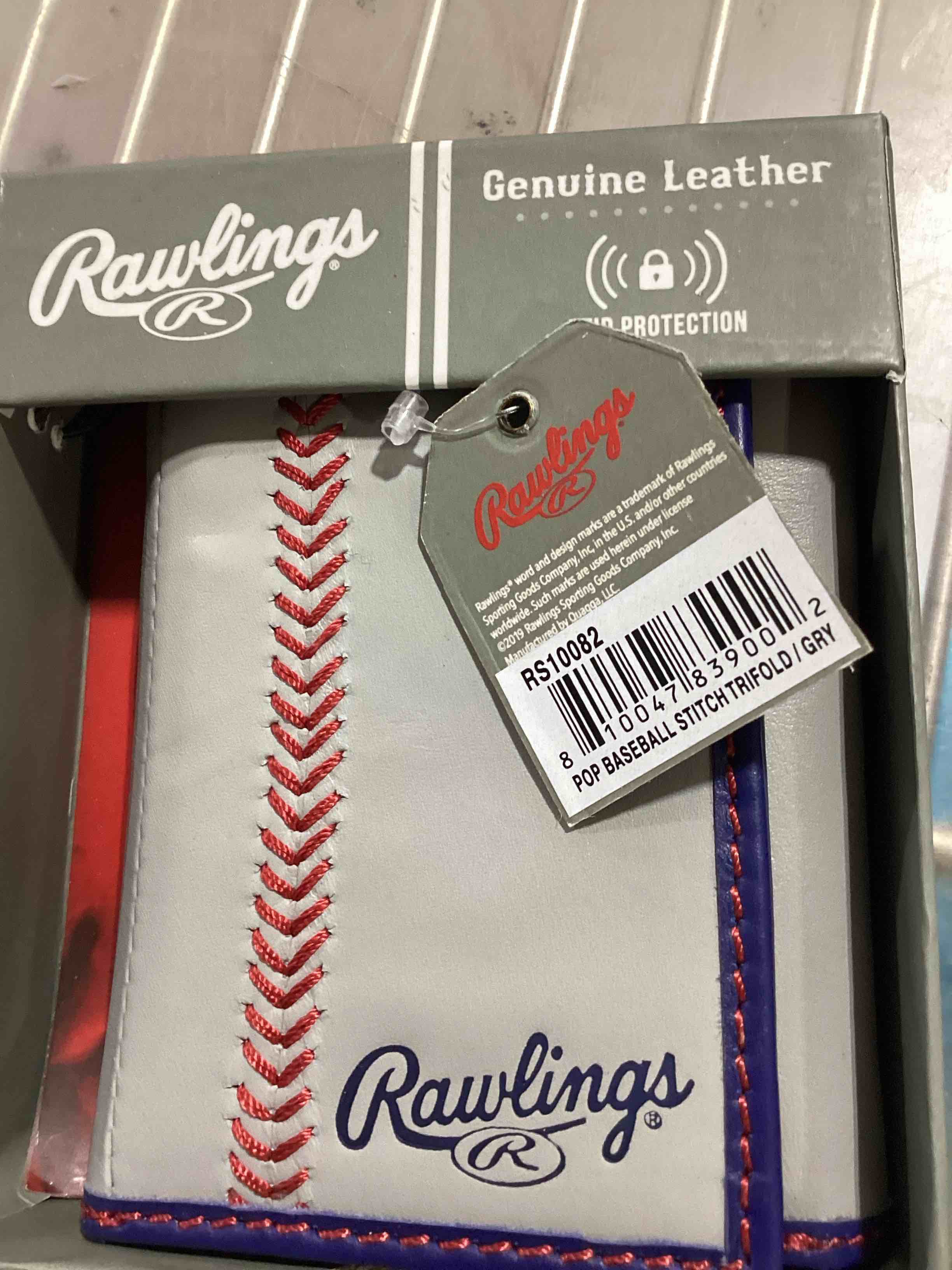 Rawlings "Pop Baseball Stitch Tri-Fold Leather Wallet - Premium Men's Sports Wallet (Gray)