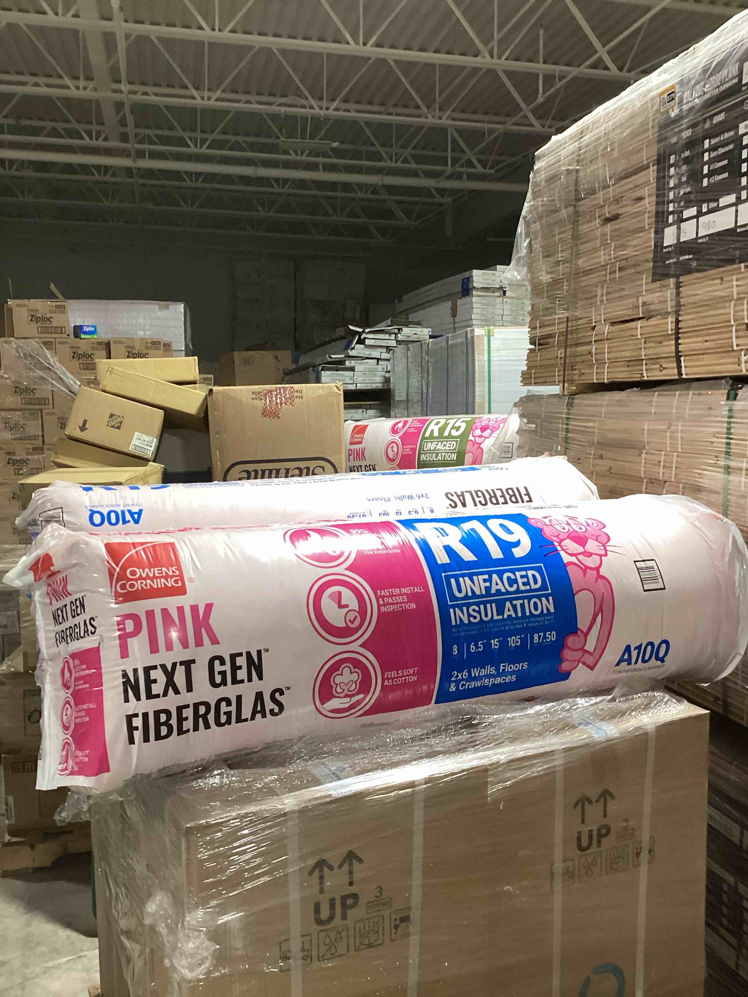 r-19 unfaced insulation 6.5” thick 15” wide 105” long 87.5 sq.ft. per bag 