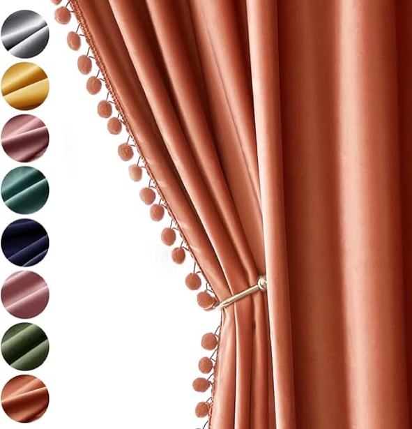 miulee fall burnt orange pom pom velvet curtains for bedroom/living room darkening thermal insulatin