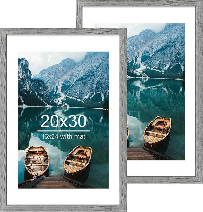 Frame Set of 2, Rustic Grey Wood Style - Display   Picture with Mat or  Poster without Mat, Wall Mounting Horizontal and Vertical
