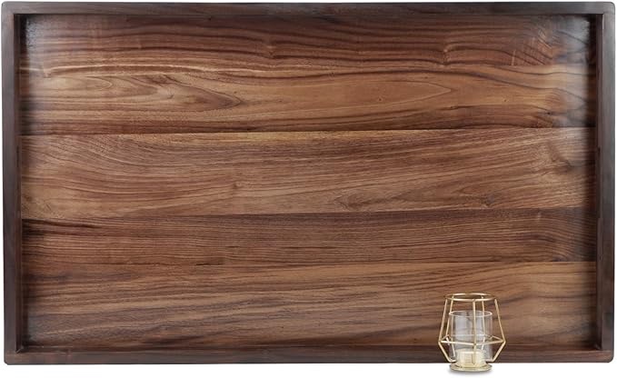  Inches Extra Large Rectangle Black Walnut Wood Ottoman Tray with Handles, Serve Tea, Coffee Classic Wooden Decorative Serving Tray