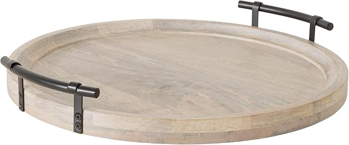 kate and laurel bruillet farmhouse wood round lazy susan tray, 20 x 20, natural, wooden countertop organizer with turning lazy susan for kitchen storage, coffee table, or living room ottoman