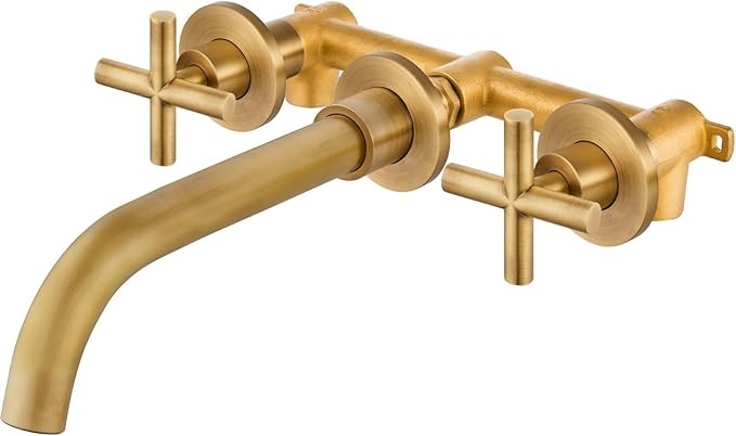 Airuida Solid Brass Widespread Wall Mount Bathroom Faucet with 360 Swivel Spout Wall Mounted Lavatory Faucet Vanity Sink Mixer Tap with Rough in Valve and Double Cross Handles Antique Brass