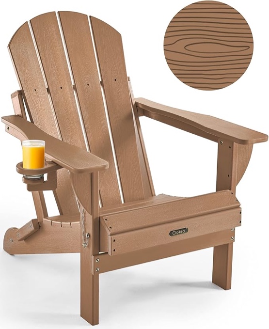 Ciokea Folding Adirondack Chair Wood Texture, Patio Adirondack Chair Weather Resistant, Plastic Fire Pit Chair with Cup Holder, Lawn Chair for Outdoor Porch Garden Backyard Deck (Teak
