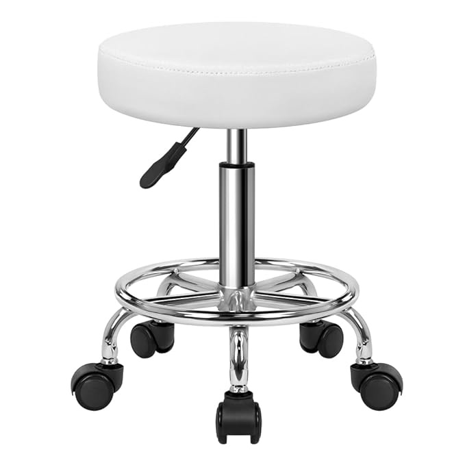 KKTONER PU Leather Round Rolling Stool with Foot Rest Swivel Height Adjustment Spa Drafting Salon Tattoo Work Office Massage Stools Task Chair White Small (White