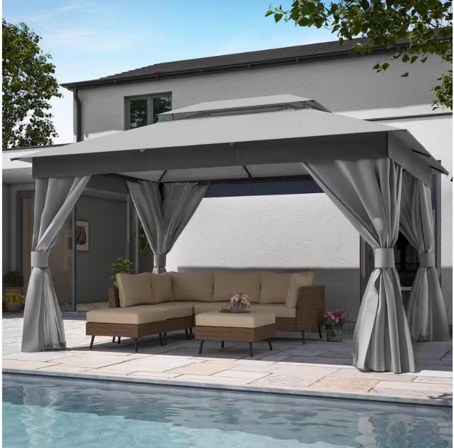10x14  Gray Outdoor Patio Gazebo with Double Roof, Nettings and Privacy Screens