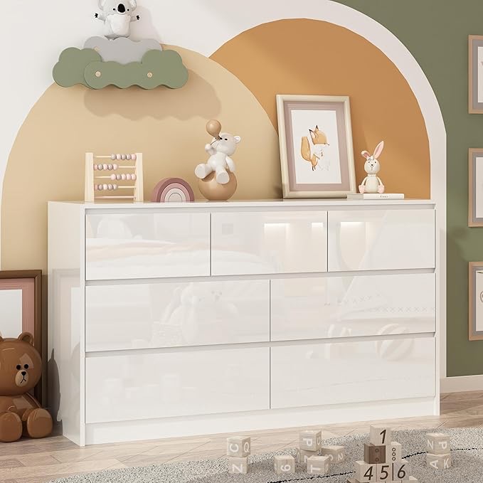 ChVans 7 Drawer Dresser for Bedroom, 55" Modern High Gloss White Dresser with Wood Chest of Drawer Handle Free, Long Dresser for Bedroom, Living Room, Entryway, Hallway