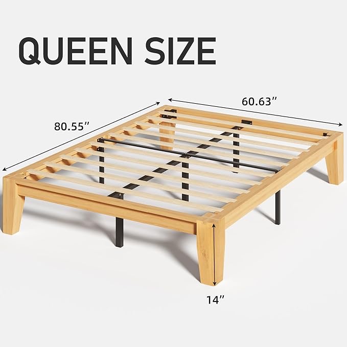 Lifezone Wood Queen Platform Bed Frame, Premium Solid Wood, Sturdy Structure, 3.78” Thickened & 14” Height Legs, Easily Assemble, Mortise & Tenon Joints Patterns, Natural