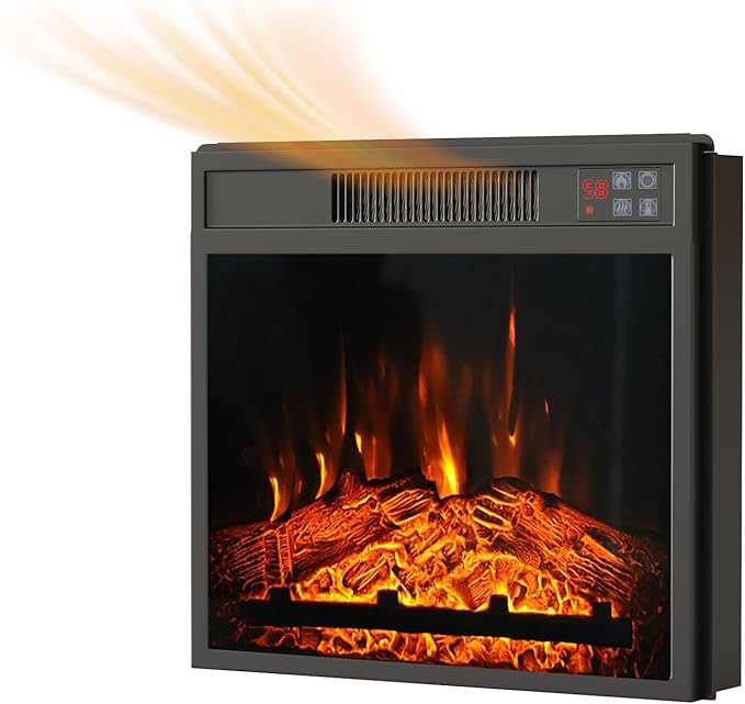 electric fireplace insert, recessed fireplace heater with low noise, remote control with timer, touch screen, adjustable flame brightness