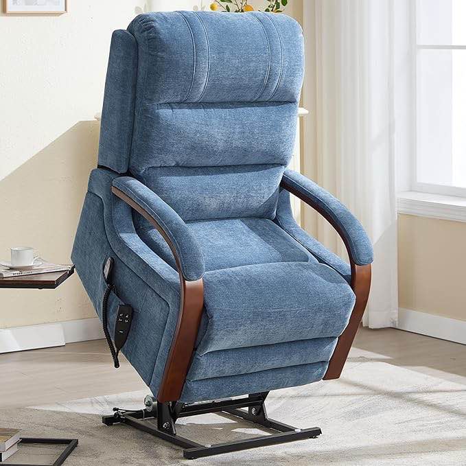 dual motor power lift recliner chair, lift chair with massage and heat for elderly, lay flat recliner, standing assistance, infinite position reclining, living room chair, chenille, blue