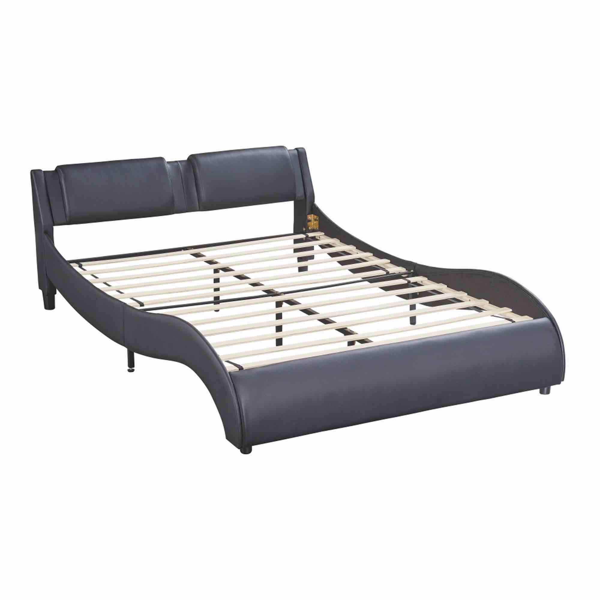 INCLAKE Full Faux Leather Platform Bed Modern with LED Light and Durable Wooden Slats, Black