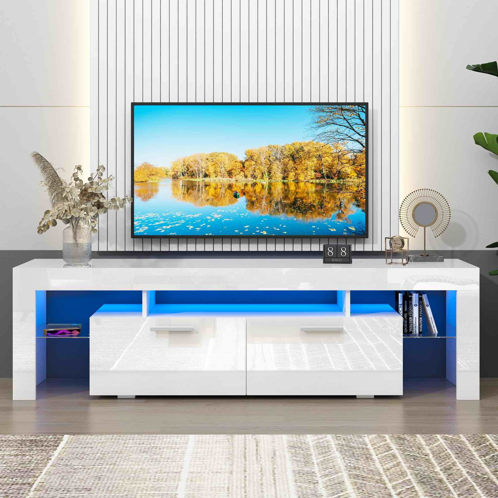 UHOMEPRO TV Stand for TV up to 70", Living Room Entertainment Center with RGB LED Lights and Storage Shelves Furniture, White High Gloss TV Cabinet Console Table