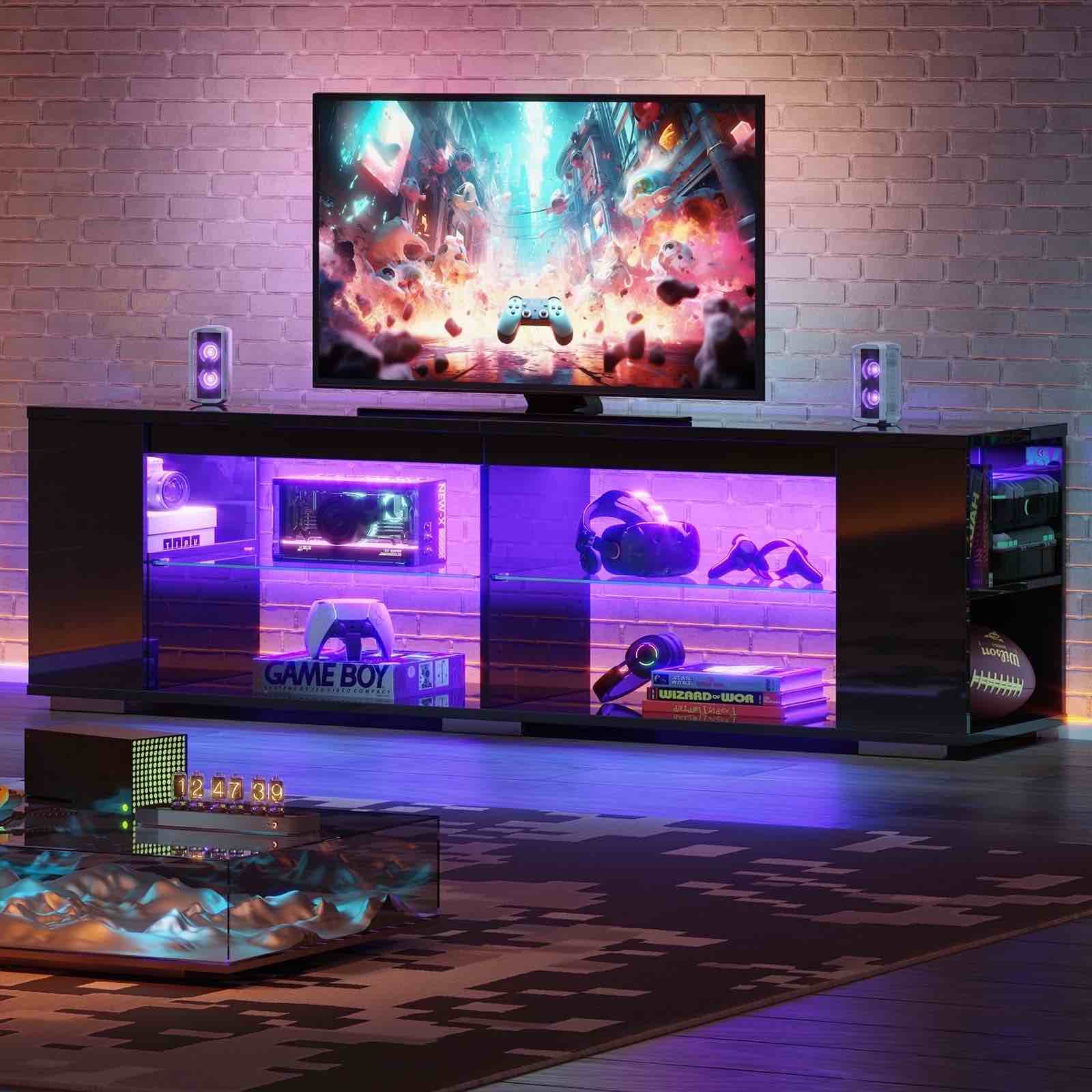 Pinmoco LED TV Stand for TVs up to 80", Gaming Entertainment Center with Side Bookshelf and 4 Open Shelves, Black