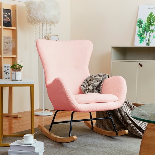 Prilinex Rocking Chair, Nursery Rocking Chair with Upholstered for Living Room Reading Room, Teddy Fabric, Pink