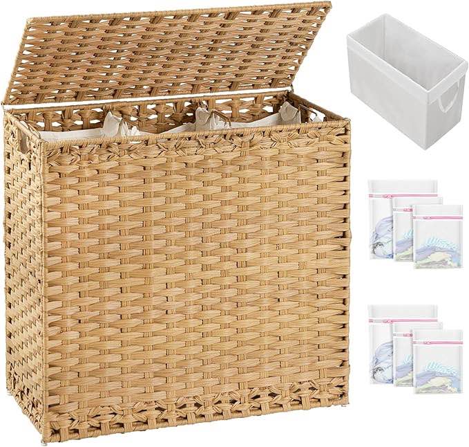 Laundry Hamper with Lid Laundry Basket 132 L (35 Gal) Wicker Clothes Hamper, Handwoven Rattan Hamper with Handles and 4 Removable Liner Bags, 6 Mesh Bags for Laundry Bedroom Natural