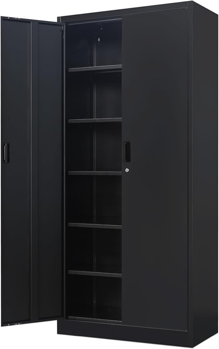 metal storage cabinet, 71" h locking storage cabinet with 5 adjustable shelves, metal cabinets for garage, office, home, classroom- black