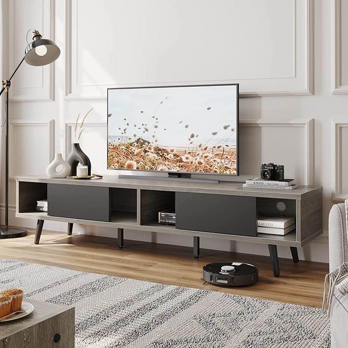 Bestier 70 Inch Mid Century Modern TV Stand for 75 Inch TVs, Low Profile Entertainment Center With Storage, Cord Management for Living Room, Gray Wash
