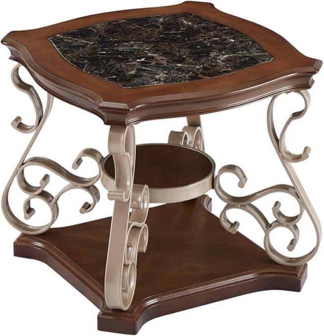 End Table, Marble Paper Top,Mdf With Brich Middle Shelf