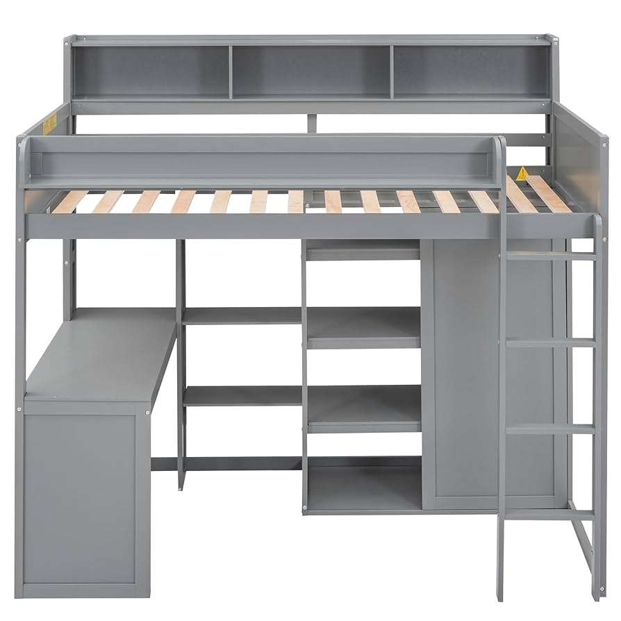 Linique Twin Size Loft Bed with Desk, Multiple Storage Shelves and Wardrobe, Wood Loft Bed Frame with Guardrails and Ladder, Box Spring No Required, Grey