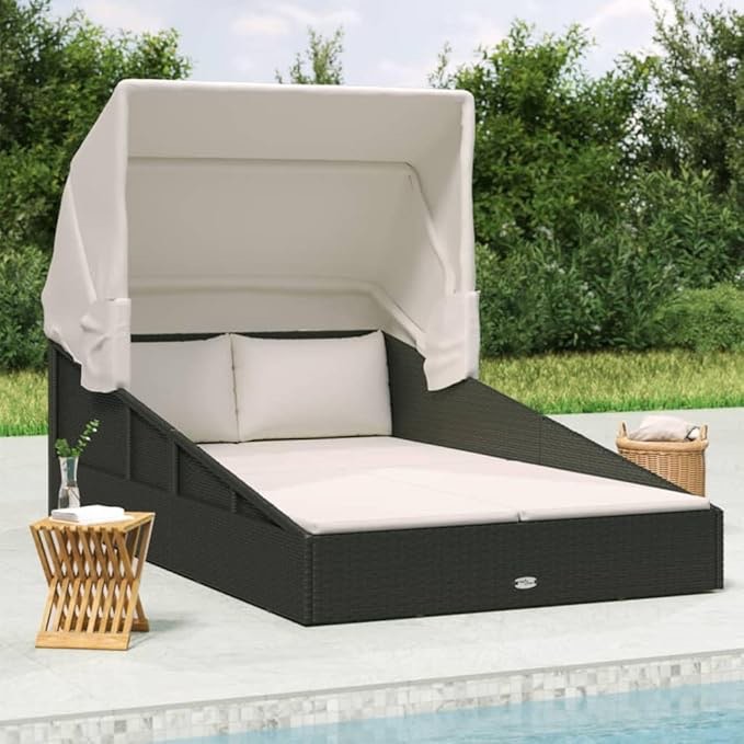 Patio Beds Sunbed with Foldable Roof Black 78.7"x44.9"x50.4" Poly Rattan,Adjustable Sun Lounger with Foldable Roof for Outdoor Relaxation and Comfort Furniture for Patio & Garden