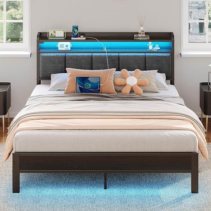 Queen BED BookSHELF STORAGE HeaDBoard and2 drawers-Gray