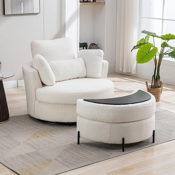 Aoiy & Wifon 42.2" W Oversized Swivel Barrel Chair with Ottoman, Upholstered Round Accent Chair with Storage Ottoman, Sherpa, Ivory