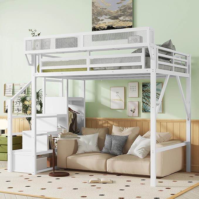 keiki full size metal loft bed frame with convertible staircase, built-in storage shelves & wardrobe, loft bed with solid slats & guardrail, no box spring required, easy assembly, for bedroom, white