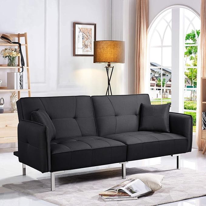    Click to see full view  Topeakmart Black Modern Convertible Sofa Bed, Versatile Convertible Sofa with Metal Frame Adjustable Backrest