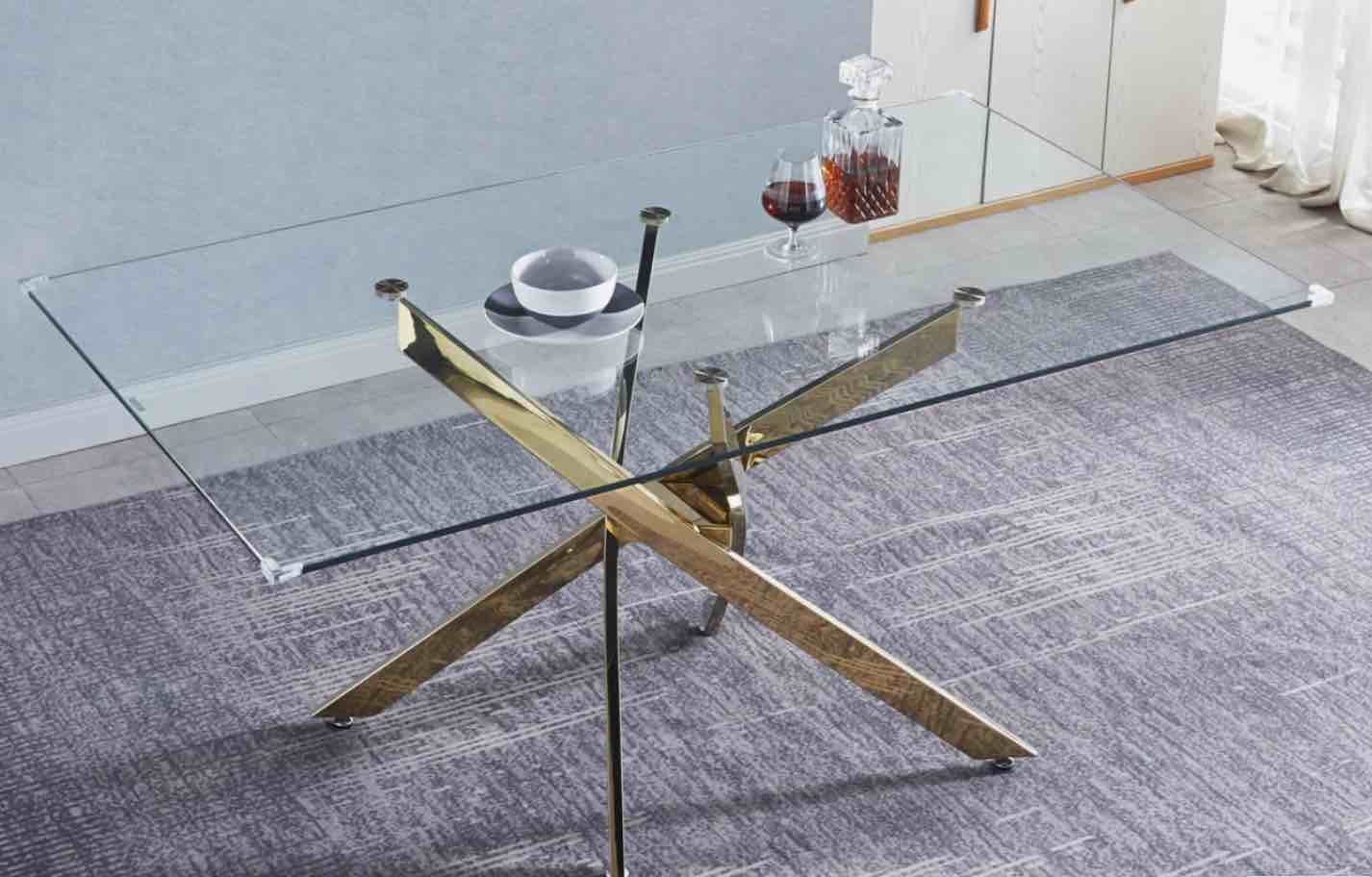 RECTANGULAR TEMPERED GLASS DINING TABLE, MODERN DINING ROOM INTERIOR DESIGN, FOR 6 PEOPLE