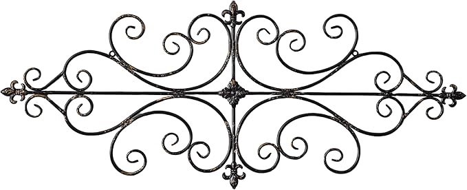 Sintosin Vintage Wrought Iron Wall Decor 45" x 18", Hanging Distressed Finish Fleur De Lis Scroll Metal Wall Art Decor, Farmhouse Black and Gold Home Decorations for Living Room Hallway Bedroom
