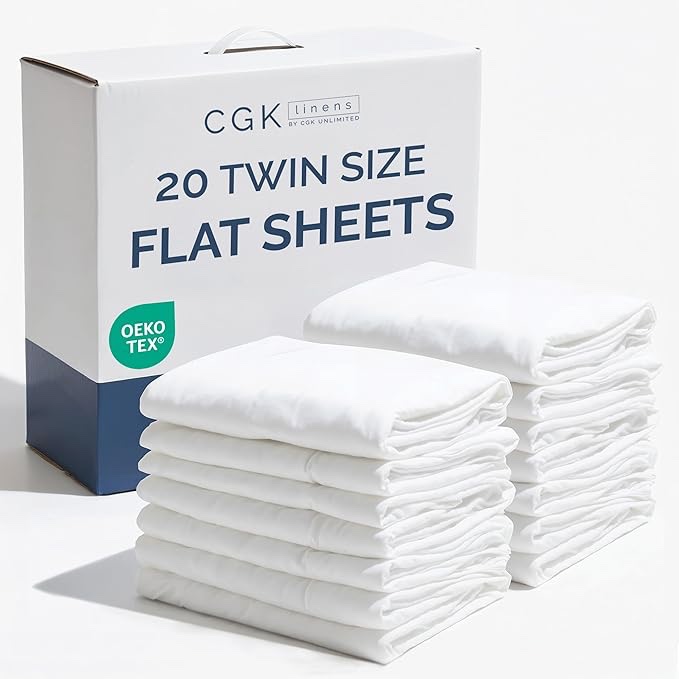 bulk case pack of 20 flat sheets - (20) twin size hotel quality top flat bed sheets only - wholesale bulk bedding for hotels, spas & airbnbs - breathable, cooling, soft & wrinkle free - (twin, white)