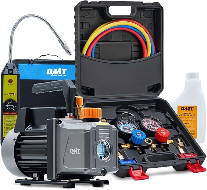 Orion Motor Tech R1234yf AC Vacuum Pump and Gauge Set, 1/3 hp 4 cfm Vacuum Pump Manifold Gauge Kit with Leak Detector 3 Hoses & Adapter for R1234yf, A/C Vacuum Pump Kit for Auto HVAC Systems