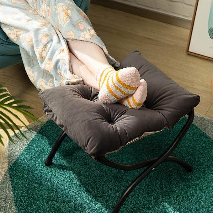AbocoFur 15"(H) Folding Footrest Stool, Accent Padded Sofa Foot Stool for Lazy Chair, Upholstered Small Foldable Ottoman, Metal Frame Portable Foot Rest Ottoman for Living Room, Bedroom, Smoky Grey