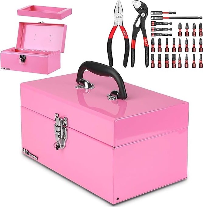 p.i.t. small tool box 12 inchportable removable tray heavy steel box with 27pc tool kitpinktool stor