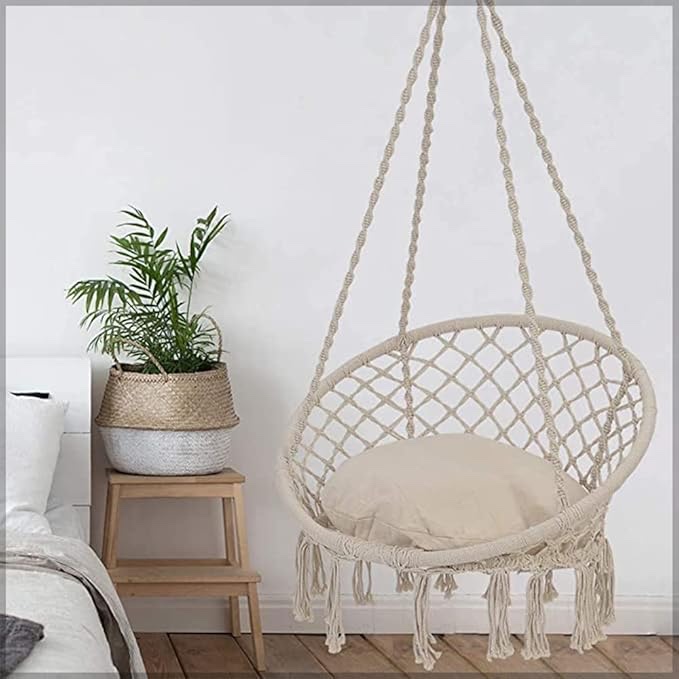 Raintree Hanging Cotton Rope Swing Chair with Cushion- Off White | Porch & Balcony Use Swing