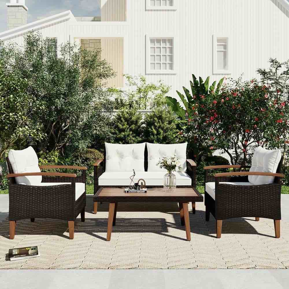 Kadyn  Piece Patio Seating Set, Patio Furniture Set, Patio Furniture Set, Wicker Garden Furniture with Wood Table and Legs, PE Rattan Outdoor Sofa Set for Balcony, Beige
