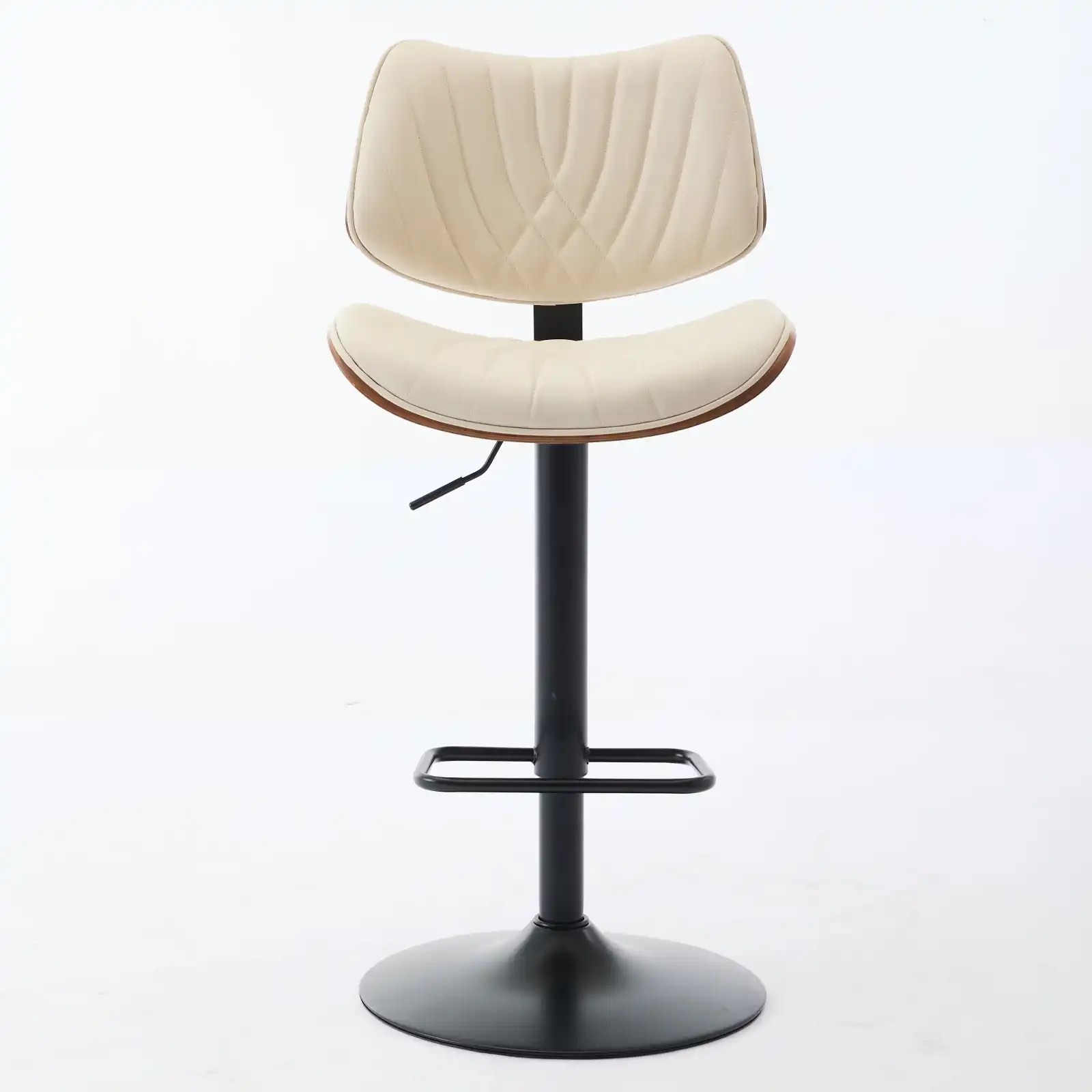 Mid Century Modern Walnut Bar Stool, Adjustable Black Leather Swivel Chair, Beige