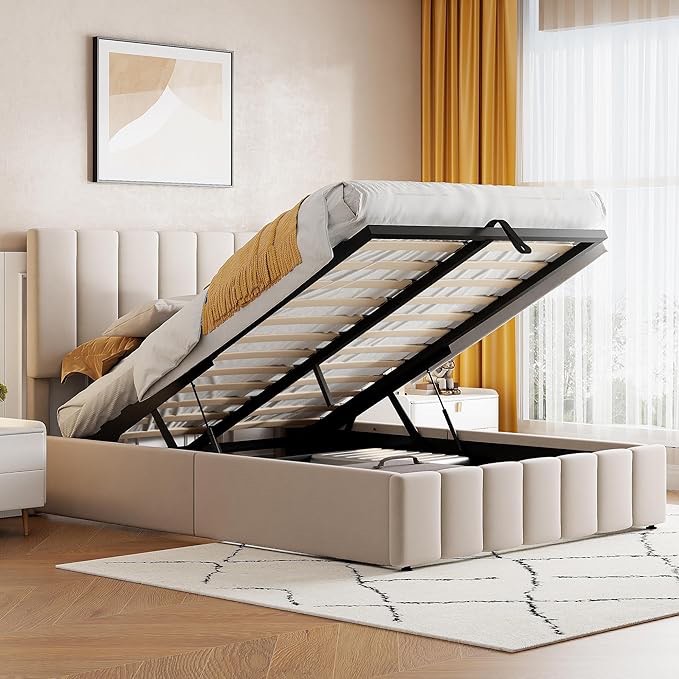 roomfitters  Upholstered Platform Bed with Hydraulic Storage System, Space-Saving Modern Frame, Beige